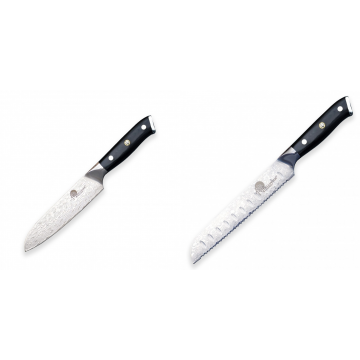 Univerzálny malý nôž Dellinger Samurai Professional Damascus VG-10, 130mm + Nôž na chlieb a pečivo Dellinger Samurai Professional Damascus VG-10, 195mm