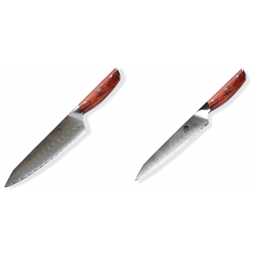 Japonský nôž na mäso Gyuto / Chef Kiritsuke Dellinger Rose-Wood Damascus, 215mm + Nôž na chlieb a pečivo Dellinger Rose-Wood Damascus, 210mm