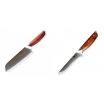 Japonský univerzálny nôž SANTOKU / Chef Dellinger Rose-Wood Damascus, 175mm + Nôž vykosťovací Dellinger Rose-Wood Damascus, 160mm
