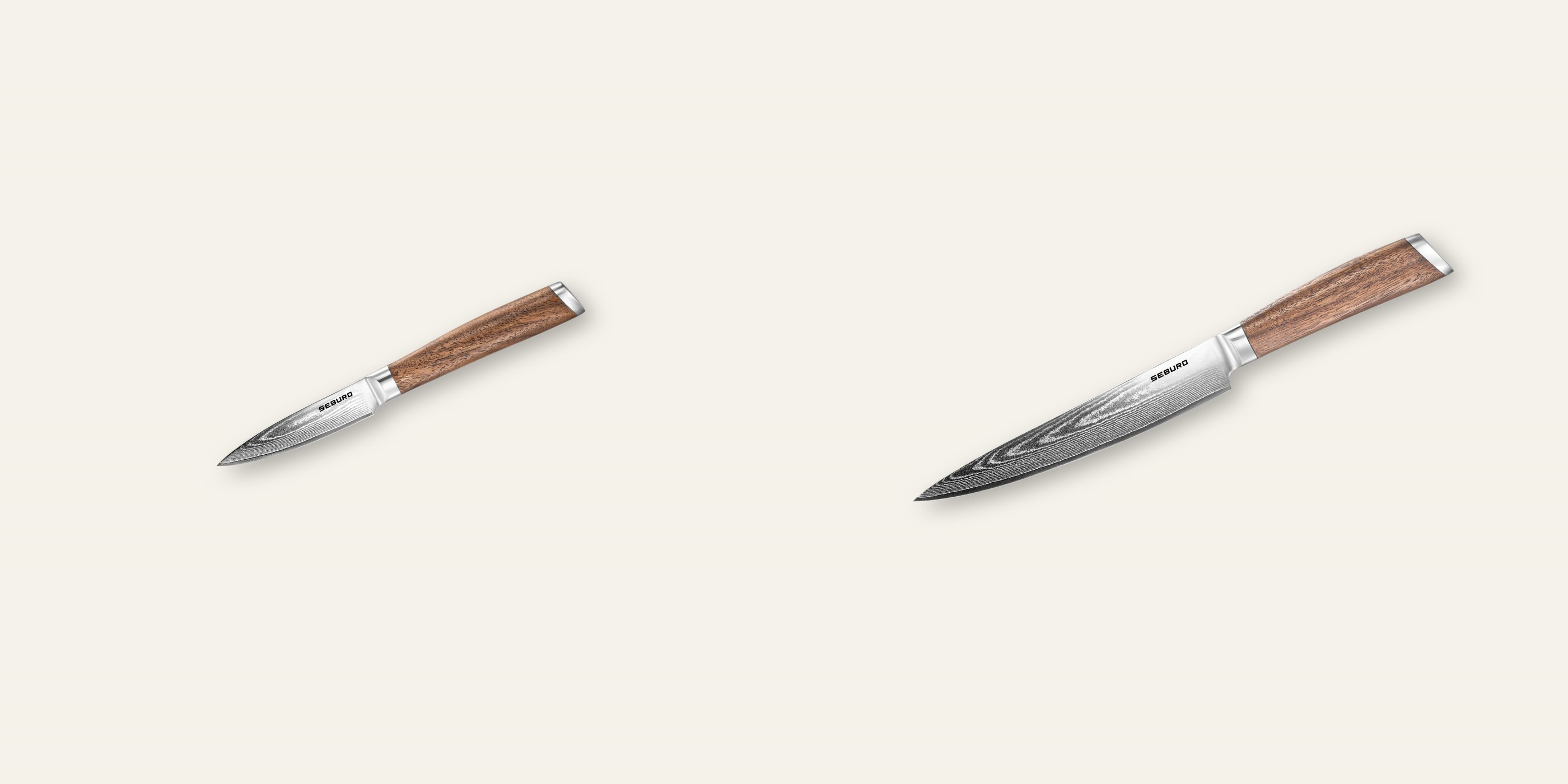 AKCIA 1+1 Nôž na ovocie a zeleninu Seburo HOGANI Damascus 85mm + Plátkovací nôž Seburo HOGANI Damascus 195mm