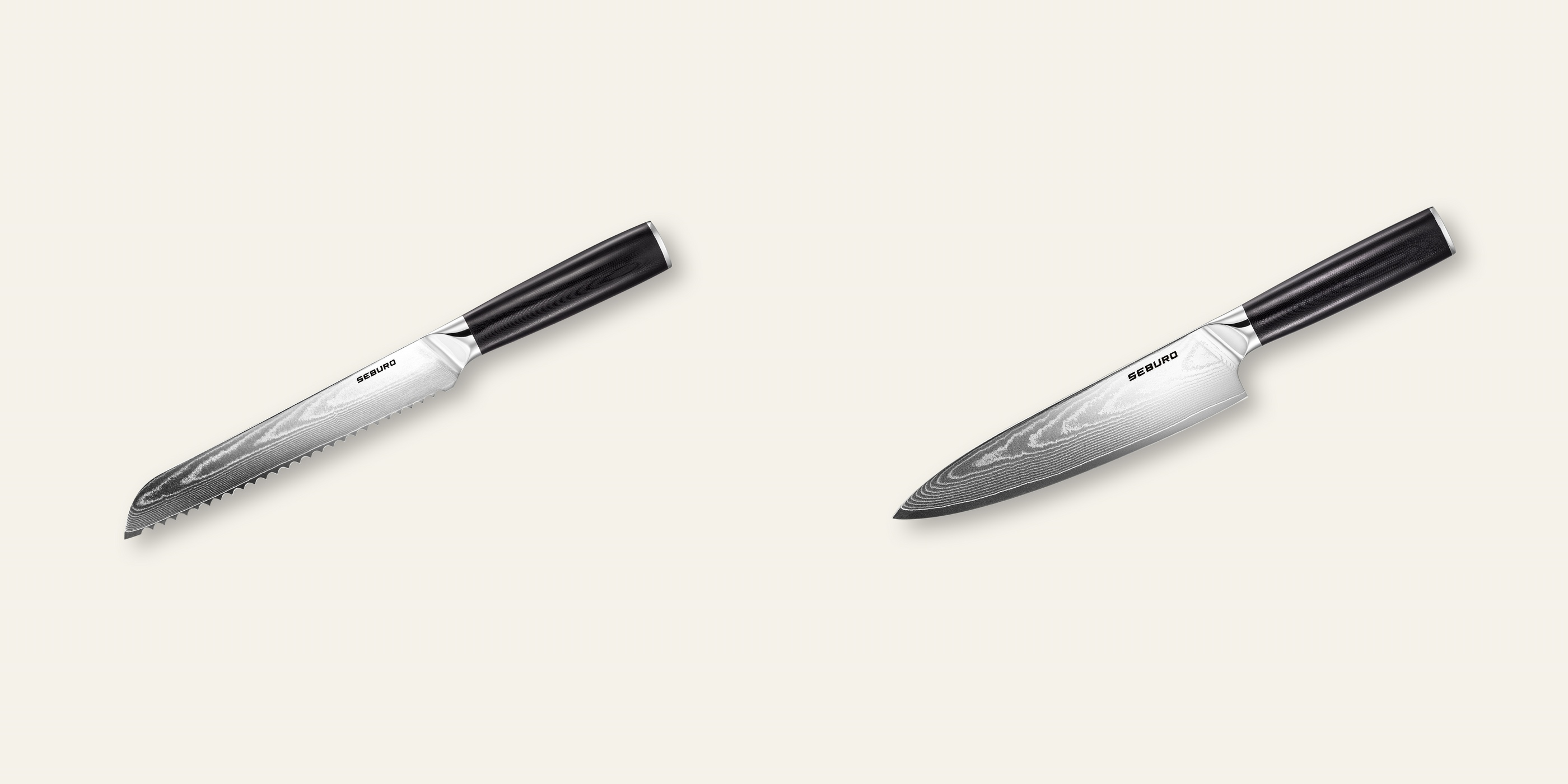 AKCIA 1+1 Nôž na pečivo Seburo SARADA Damascus 195mm + Šéfkucharský nôž Seburo SARADA Damascus 200mm