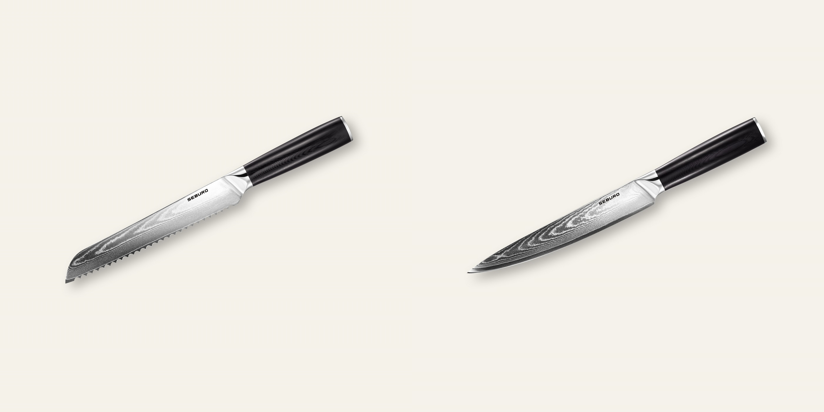 AKCIA 1+1 Nôž na pečivo Seburo SARADA Damascus 195mm + Plátkovací nôž Seburo SARADA Damascus 200mm