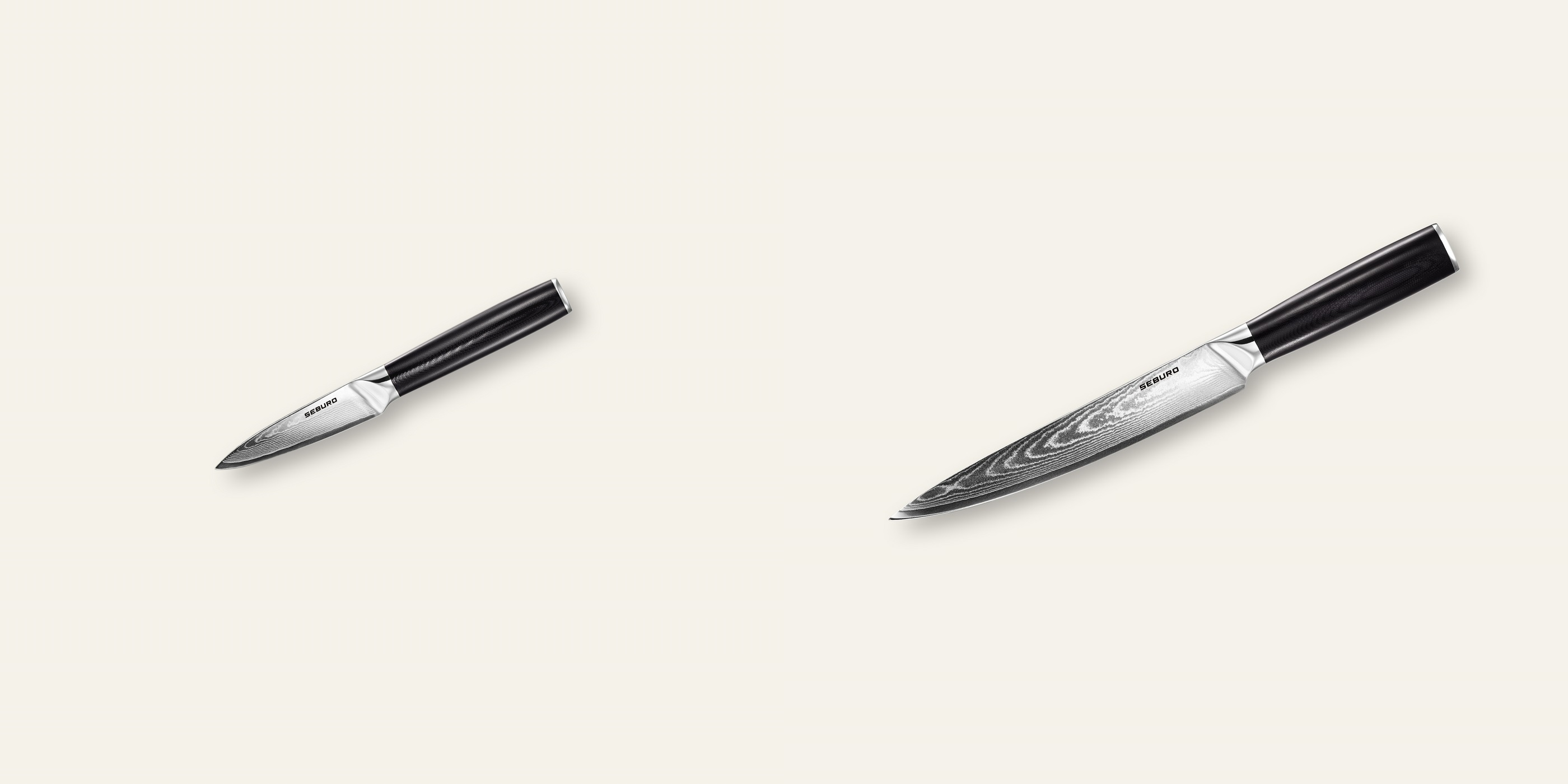 AKCIA 1+1 Nôž na ovocie a zeleninu Seburo SARADA Damascus 95mm + Plátkovací nôž Seburo SARADA Damascus 200mm