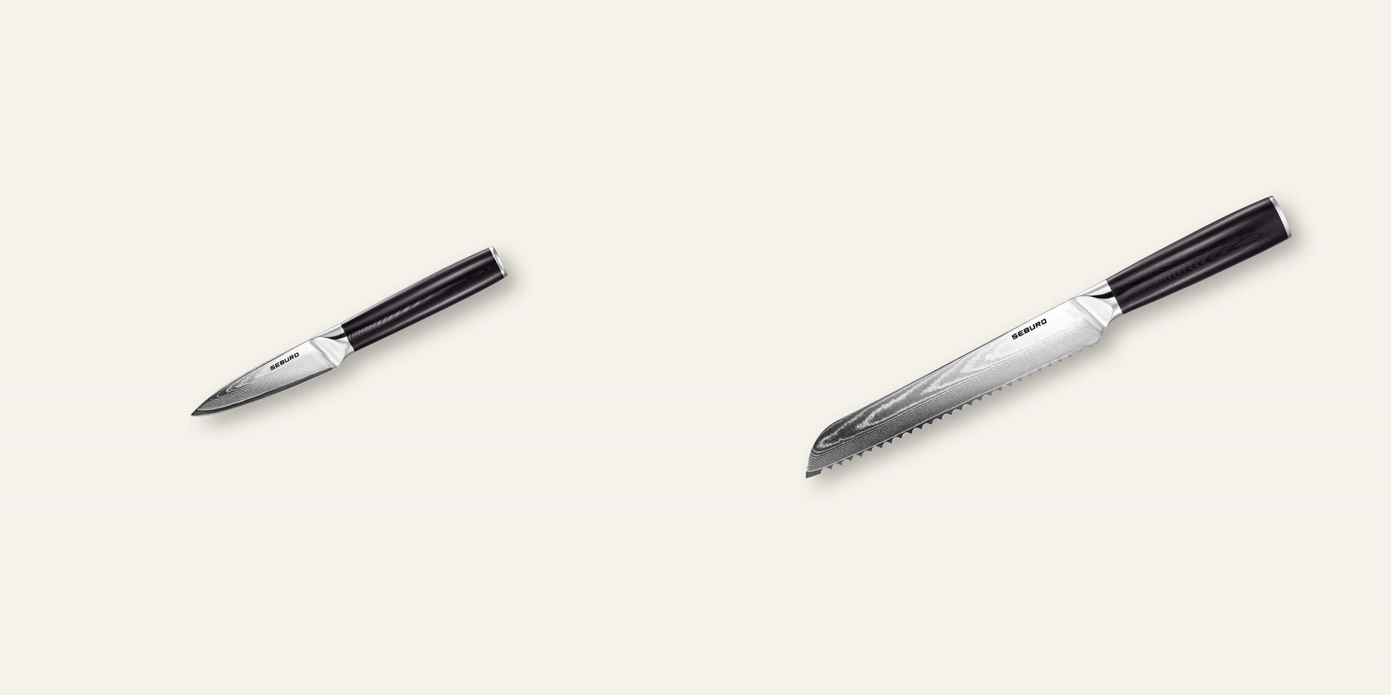 AKCIA 1+1 Nôž na ovocie a zeleninu Seburo SARADA Damascus 95mm + Nôž na pečivo Seburo SARADA Damascus 195mm