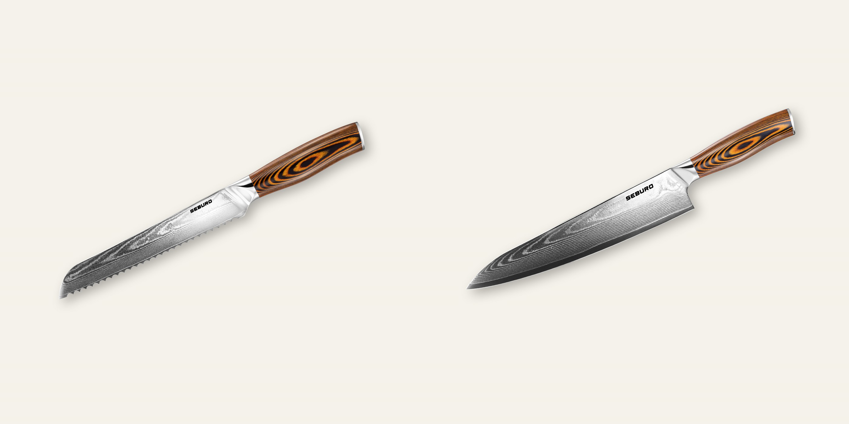 AKCIA 1+1 Nôž na pečivo Seburo SARADA Damascus 195mm + Šéfkucharský nôž Seburo SUBAJA Damascus 250mm
