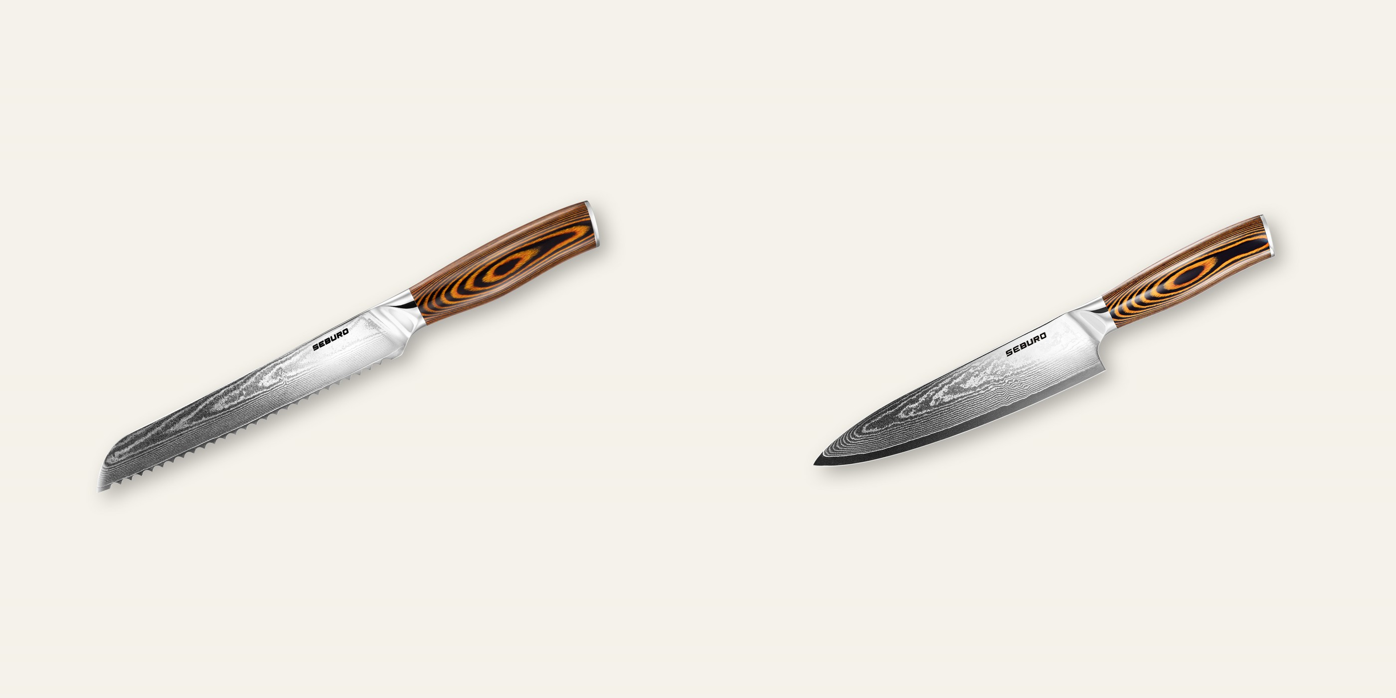 AKCIA 1+1 Nôž na pečivo Seburo SARADA Damascus 195mm + Šéfkucharský nôž Seburo SUBAJA Damascus 200mm
