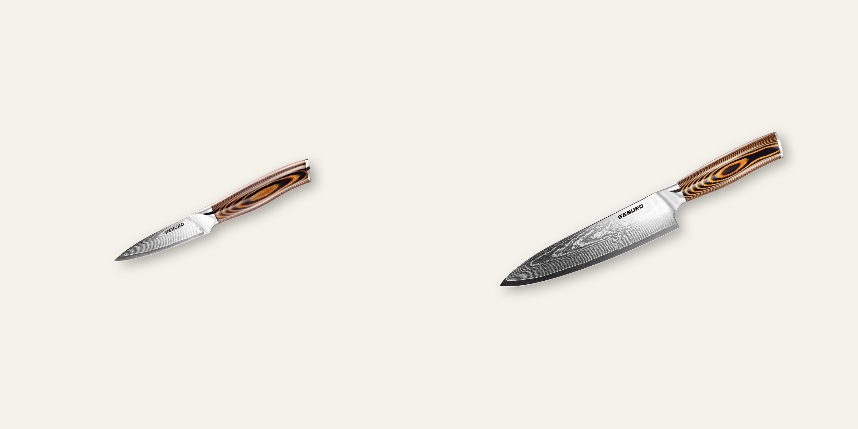 AKCIA 1+1 Nôž na ovocie a zeleninu Seburo SUBAJA Damascus 95mm + Šéfkucharský nôž Seburo SUBAJA Damascus 200mm