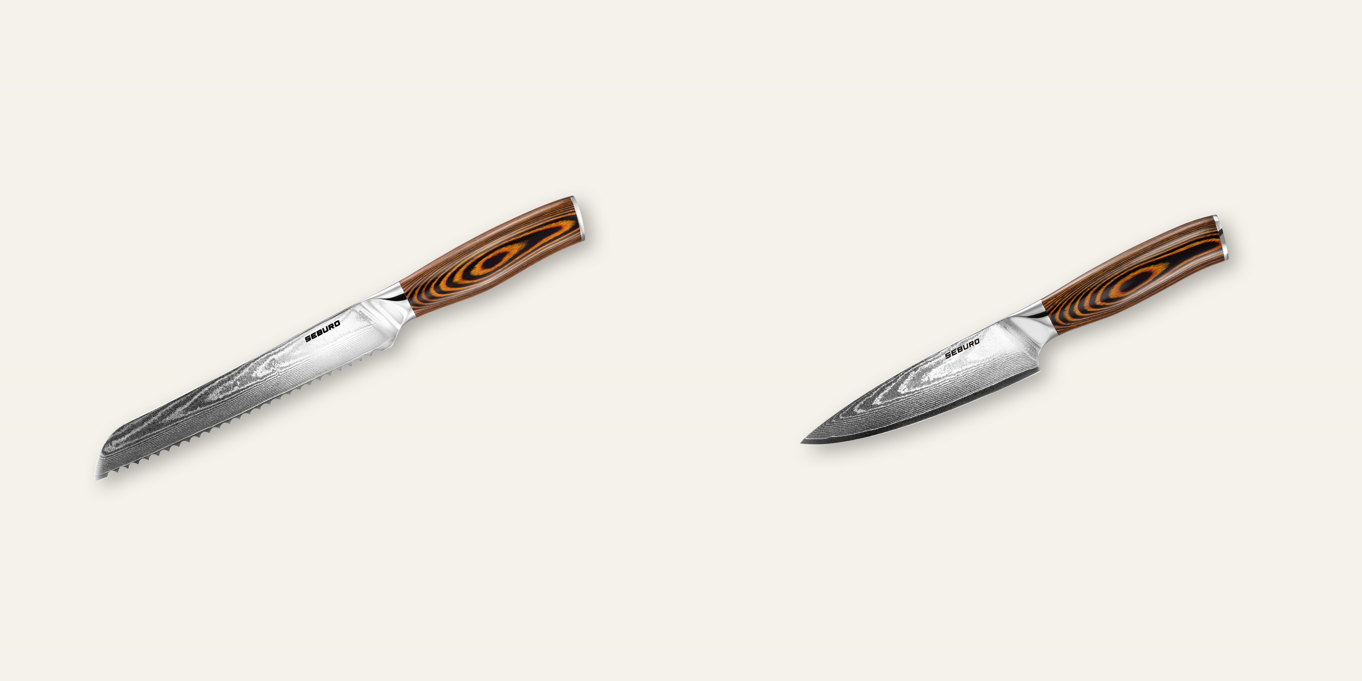 AKCIA 1+1 Nôž na pečivo Seburo SARADA Damascus 195mm + Šéfkucharský nôž Seburo SUBAJA Damascus 150mm
