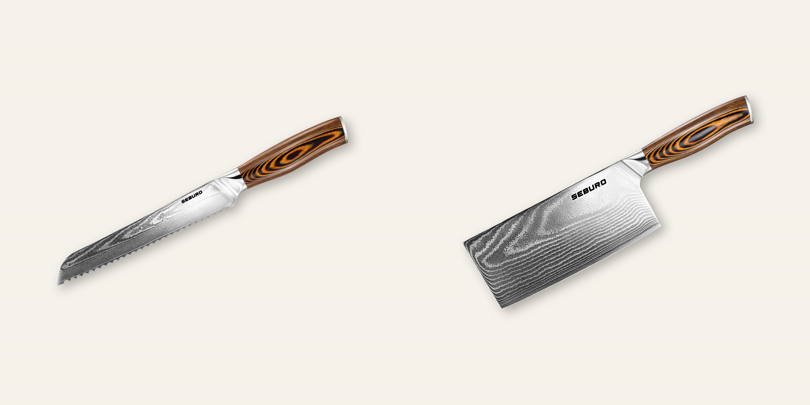 AKCIA 1+1 Nôž na pečivo Seburo SARADA Damascus 195mm + Sekáček Seburo SUBAJA Damascus 180mm