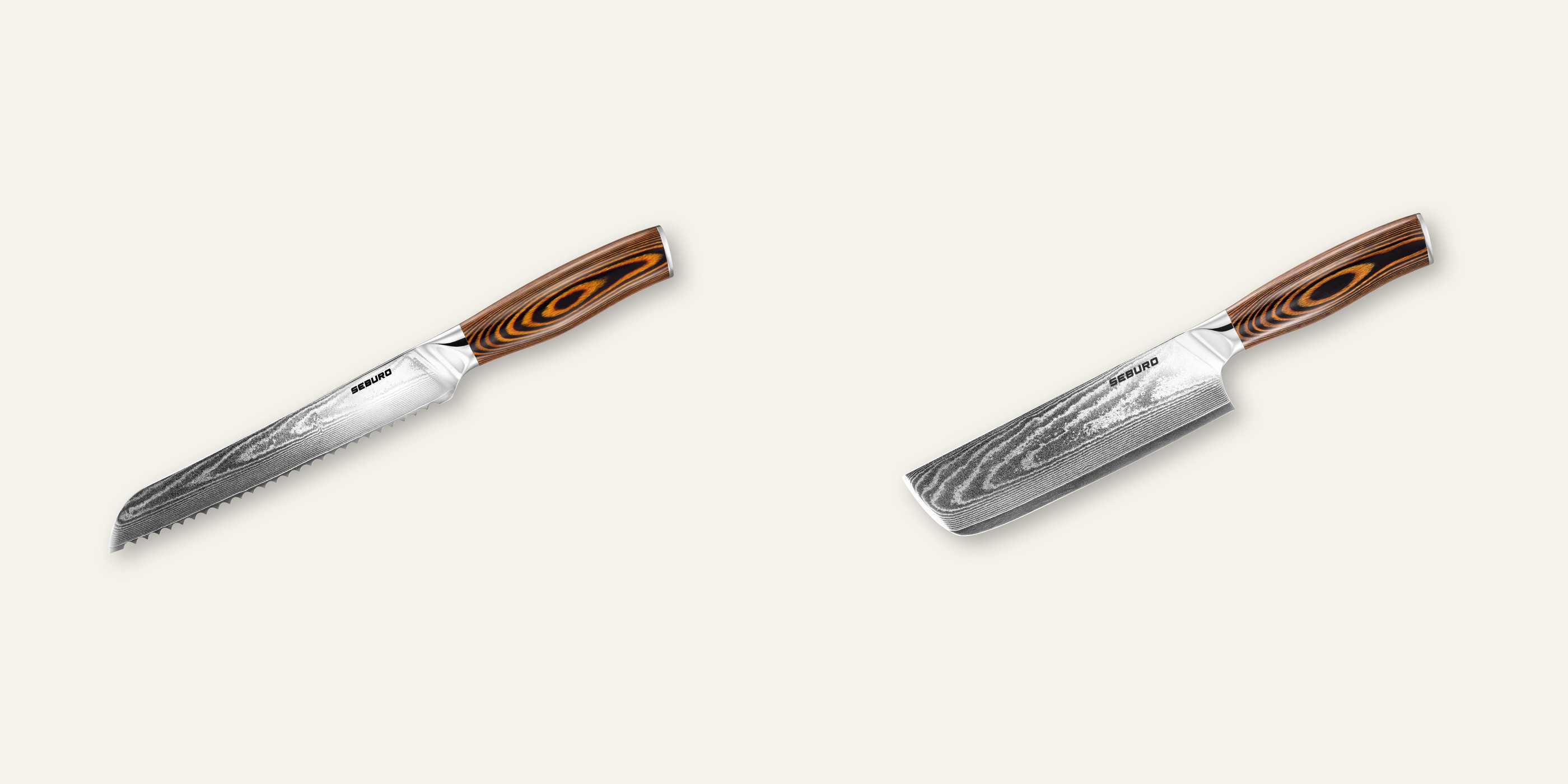 AKCIA 1+1 Nôž na pečivo Seburo SARADA Damascus 195mm + Nakiri nôž Seburo SUBAJA Damascus 175mm