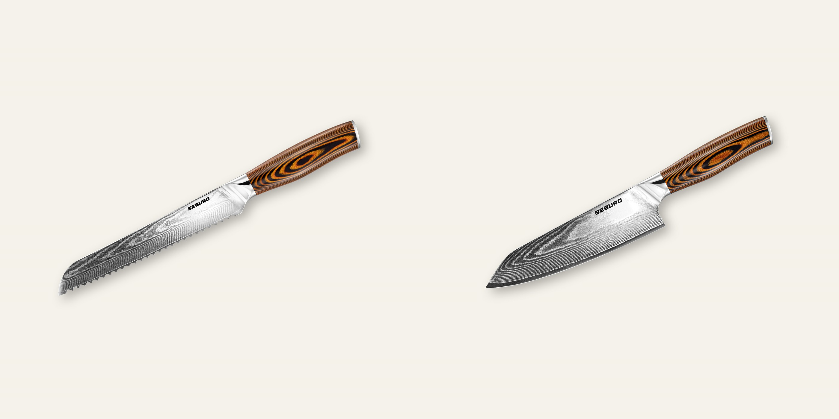 AKCIA 1+1 Nôž na pečivo Seburo SARADA Damascus 195mm + Kiritsuke (majster-šéf, santoku) nôž Seburo SUBAJA Damascus 180mm