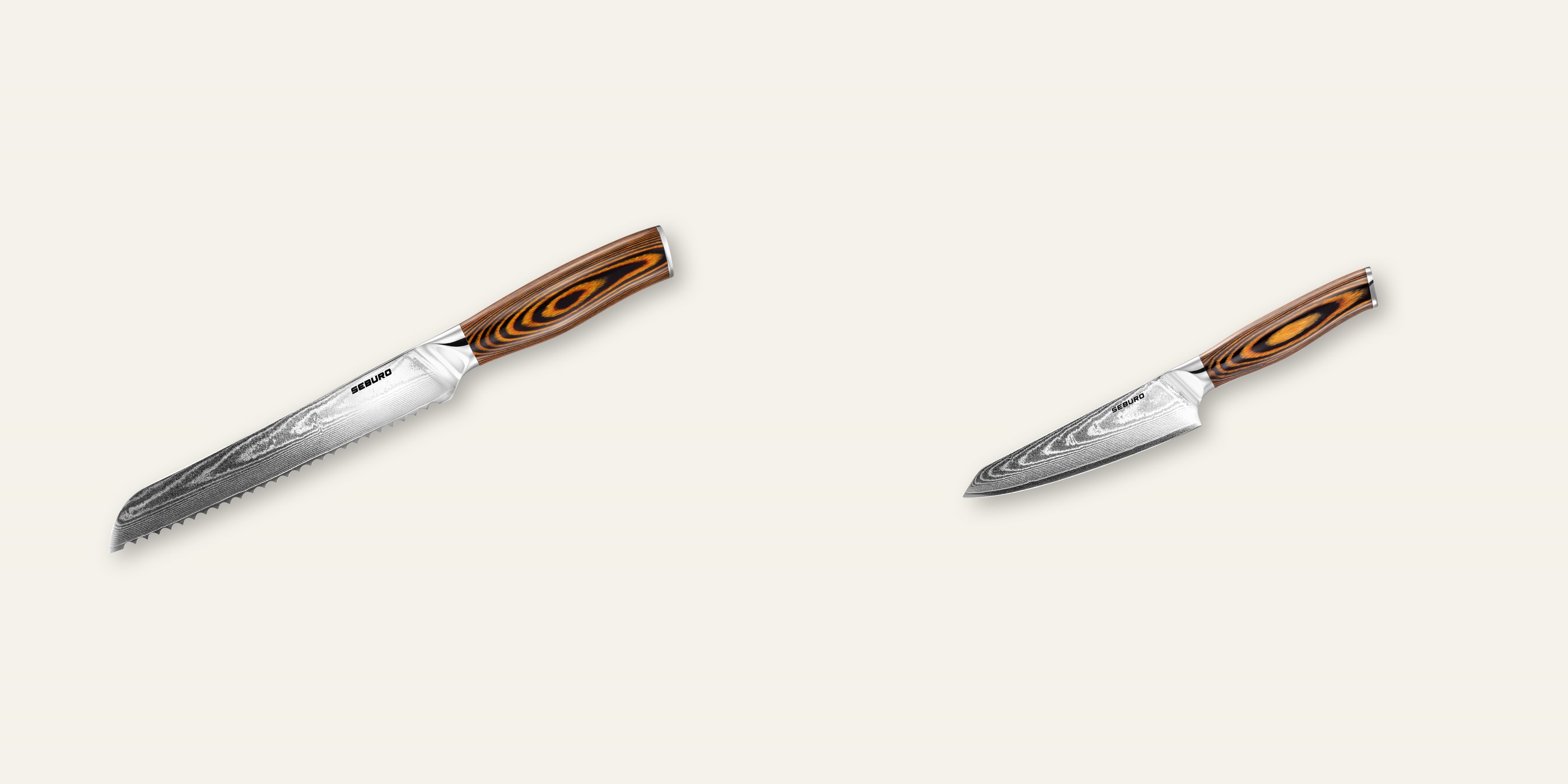 AKCIA 1+1 Nôž na pečivo Seburo SARADA Damascus 195mm + Honesuki (vykosťovací, univerzálny) nôž Seburo SUBAJA Damascus 130mm
