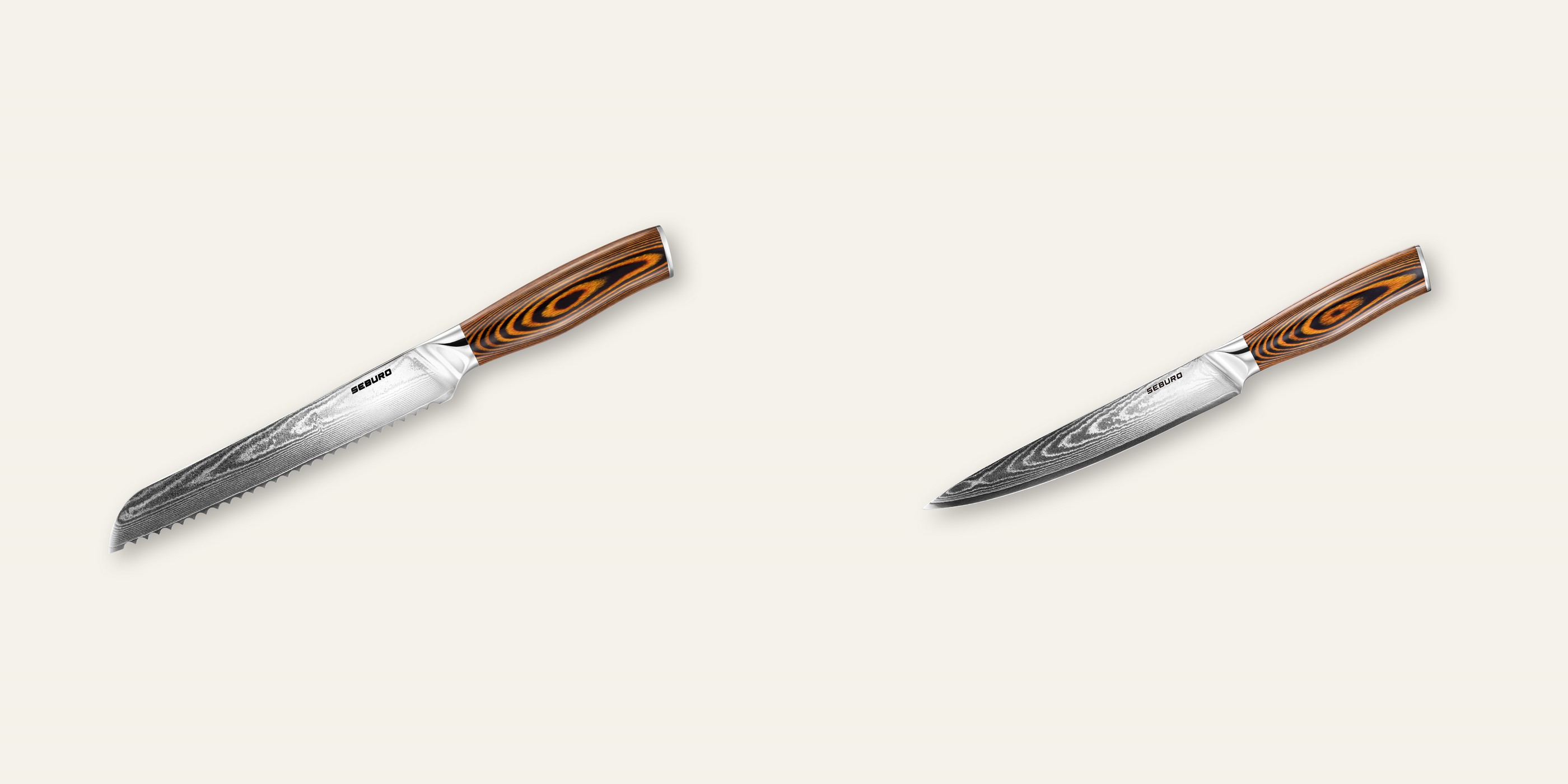 AKCIA 1+1 Nôž na pečivo Seburo SARADA Damascus 195mm + Plátkovací nôž Seburo SUBAJA Damascus 195mm