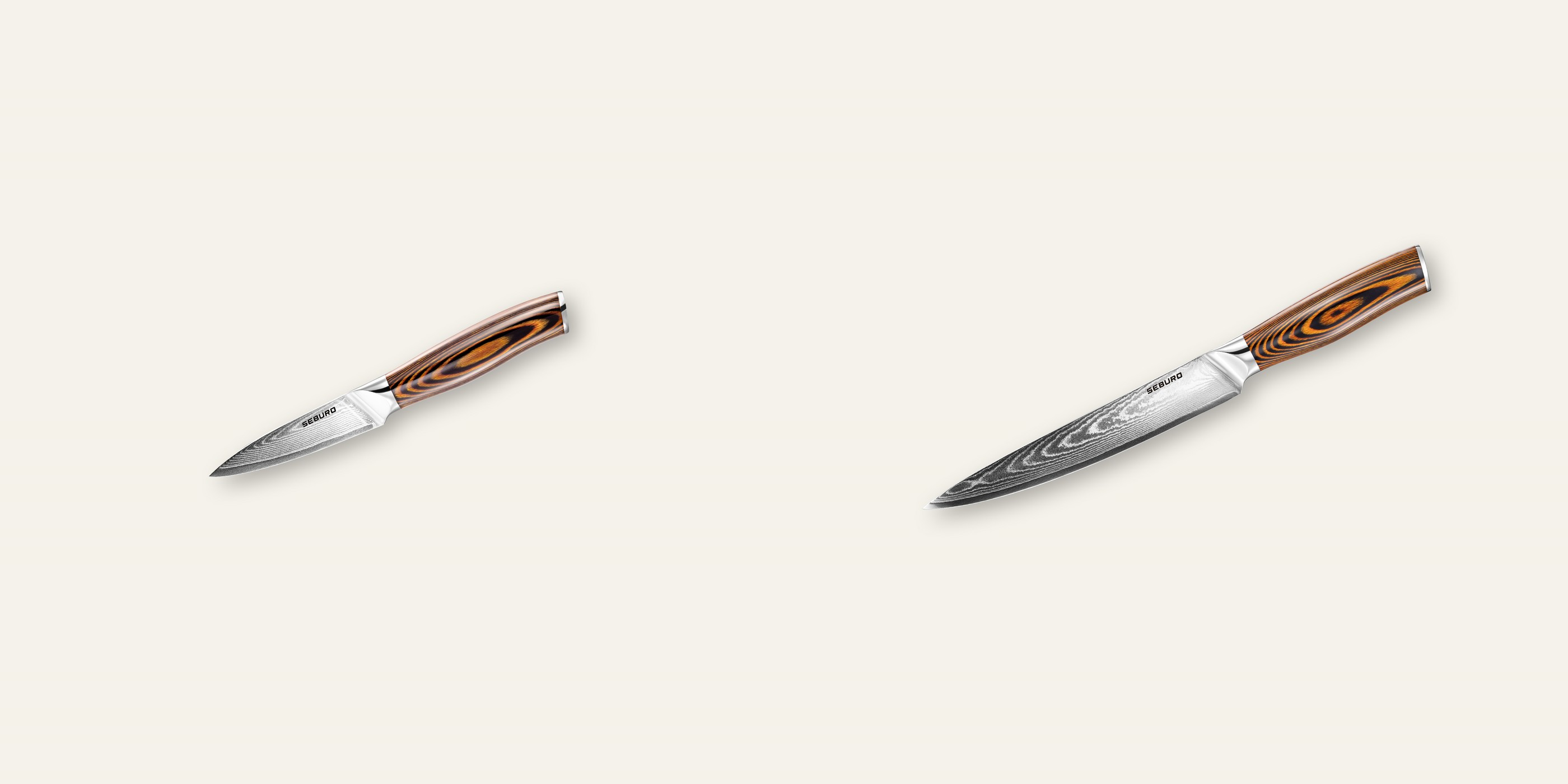 AKCIA 1+1 Nôž na ovocie a zeleninu Seburo SUBAJA Damascus 95mm + Plátkovací nôž Seburo SUBAJA Damascus 195mm