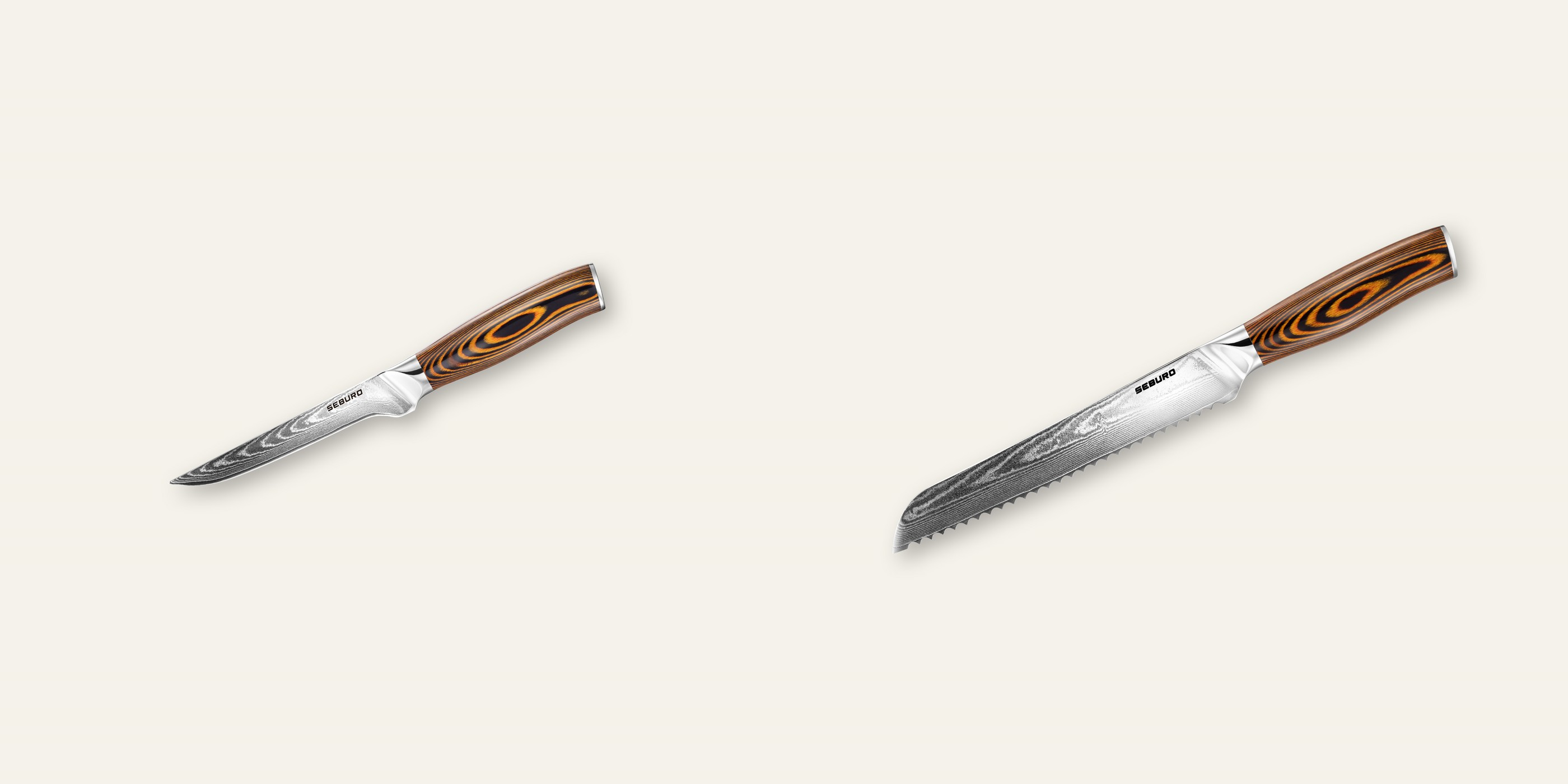 AKCIA 1+1 Vykosťovací nôž Seburo SUBAJA Damascus 150mm + Nôž na pečivo Seburo SARADA Damascus 195mm