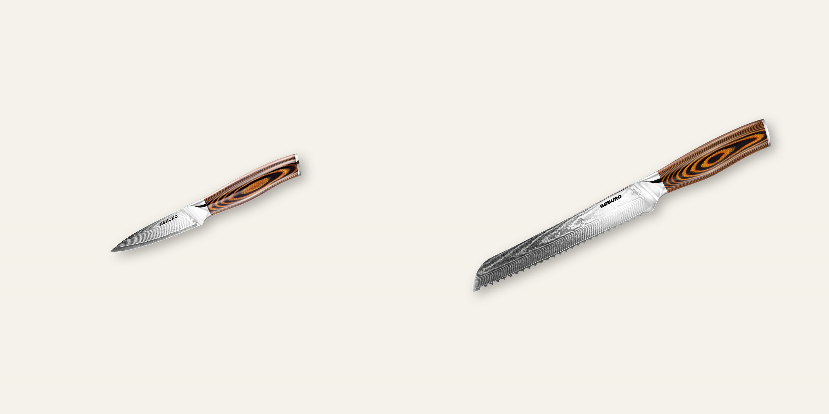 AKCIA 1+1 Nôž na ovocie a zeleninu Seburo SUBAJA Damascus 95mm + Nôž na pečivo Seburo SARADA Damascus 195mm